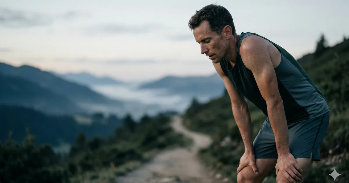 Deportista de resistencia descansando tras un entrenamiento mientras identifica señales de fatiga